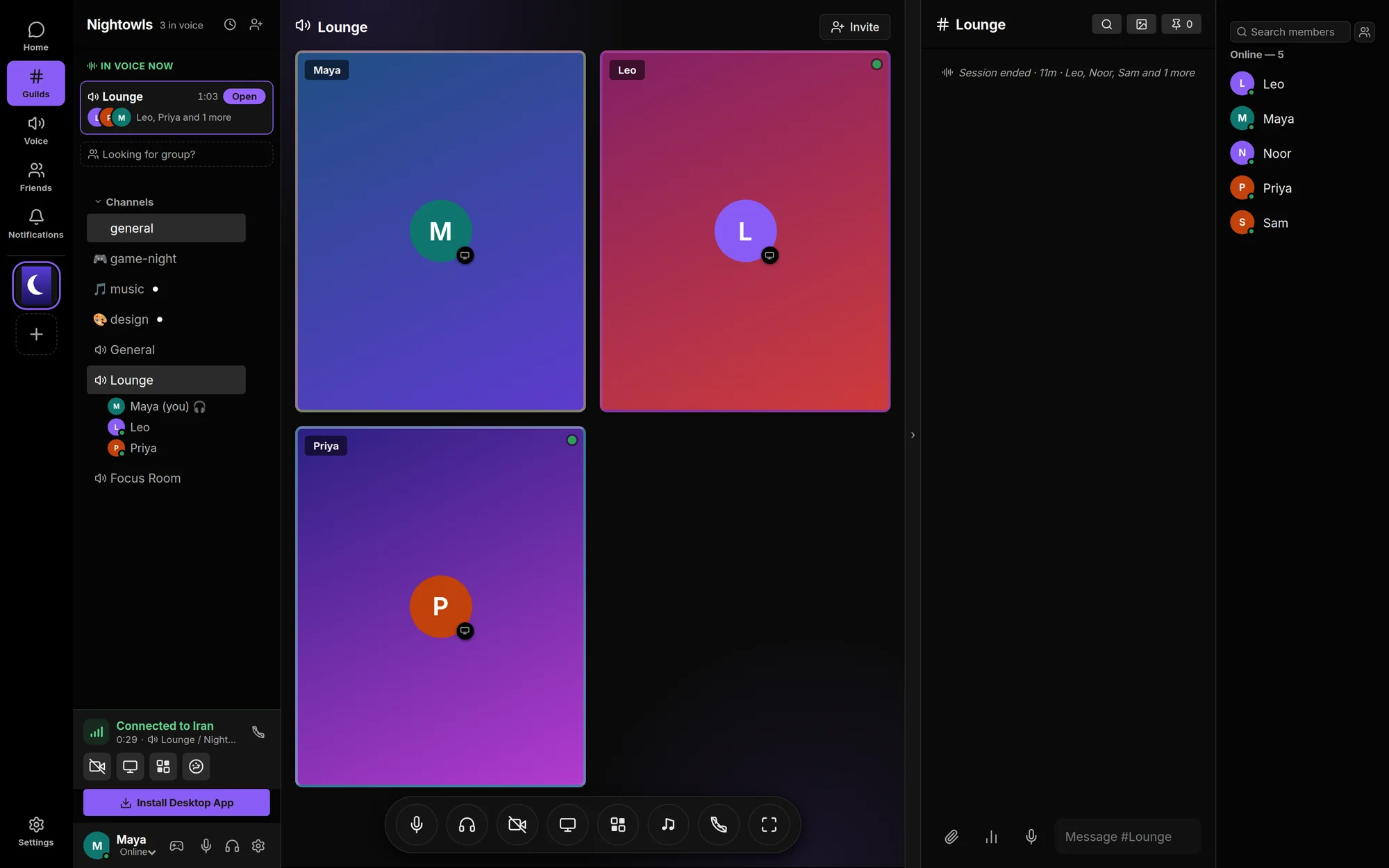 A Viaxchat voice channel with three people connected